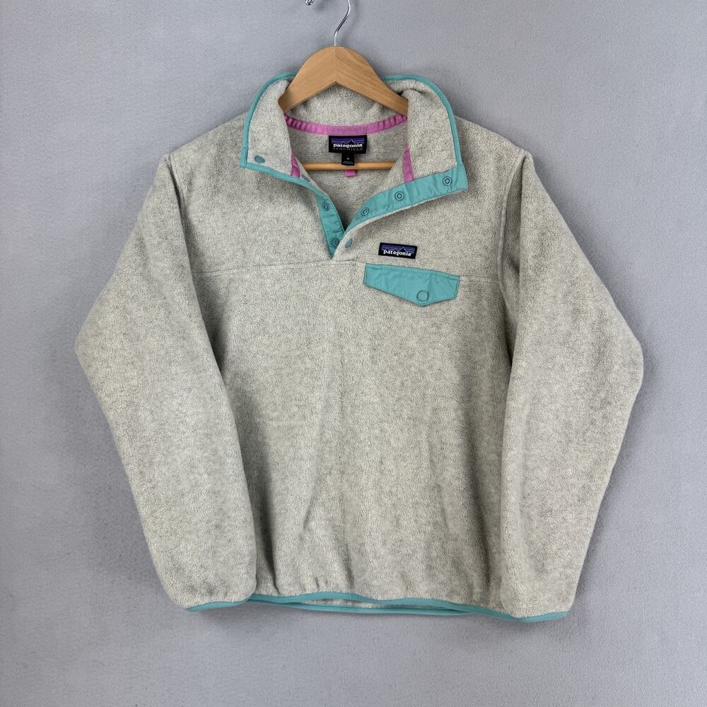 Patagonia Synchilla Jacket Womens Medium Gray Fleece Snap-T Pullover Teal Trim